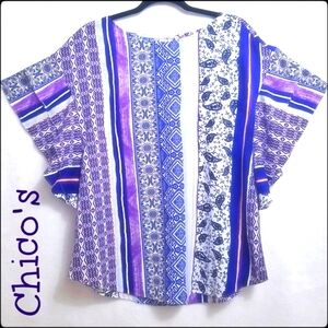 Chico's, Boho Paisley Vertical Stripe Flutter Sleeves Top, Easy Care, Size Large